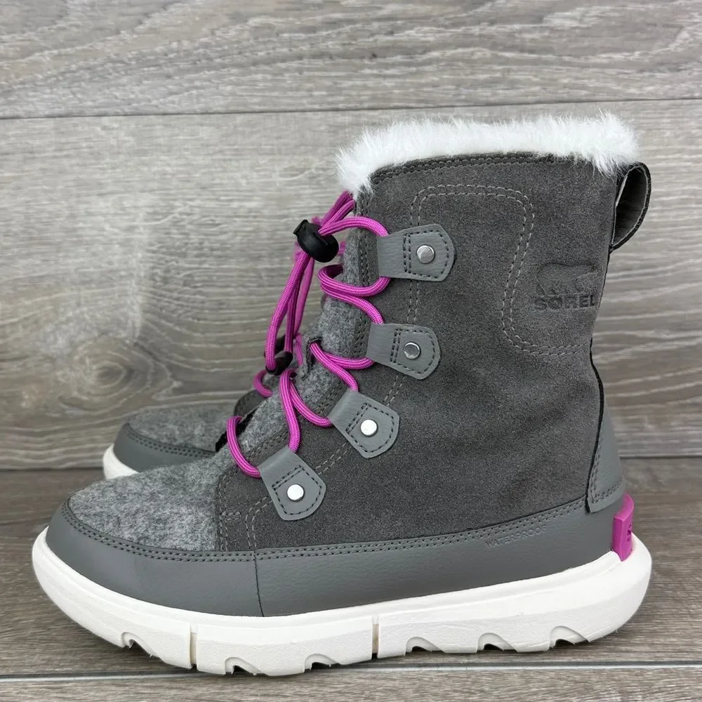 Sorel Youth Explorer Lace Quarry Gray Lavender Waterproof Big Girl Sz 4 Boots